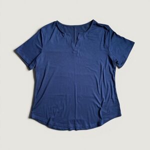 LOMON Size‎ L Navy Blue Notch V-Neck Short Sleeve Tee T-Shirt Top
